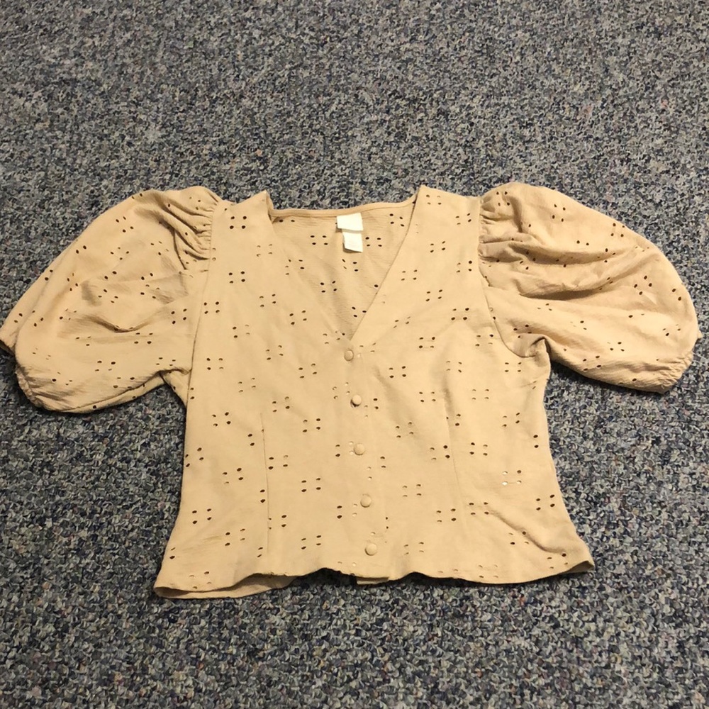 Women’s Tan Blouse with Puffy Sleeves and Buttons